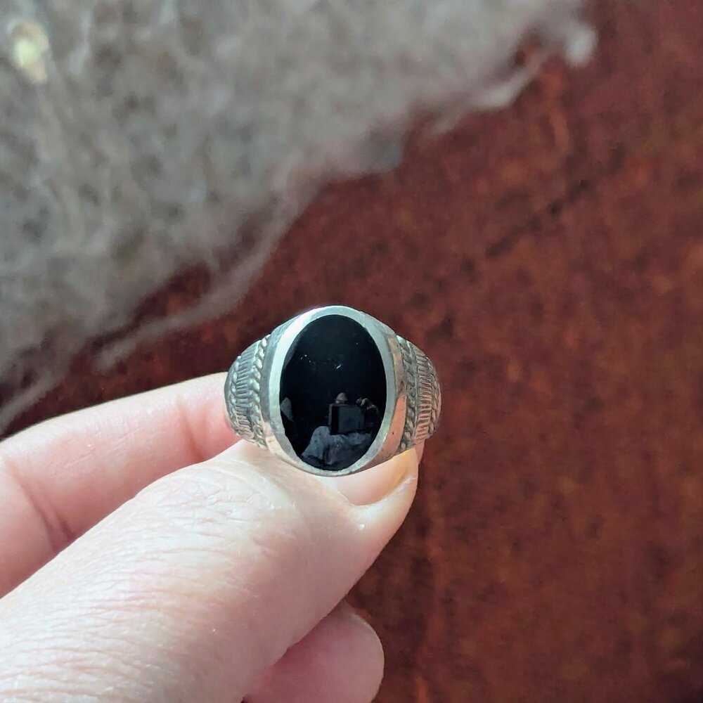Estate Onyx Sterling‎ Silver Ring Cabochon Unisex Boho 925 Oval Chunky Vintage - Picture 6 of 9